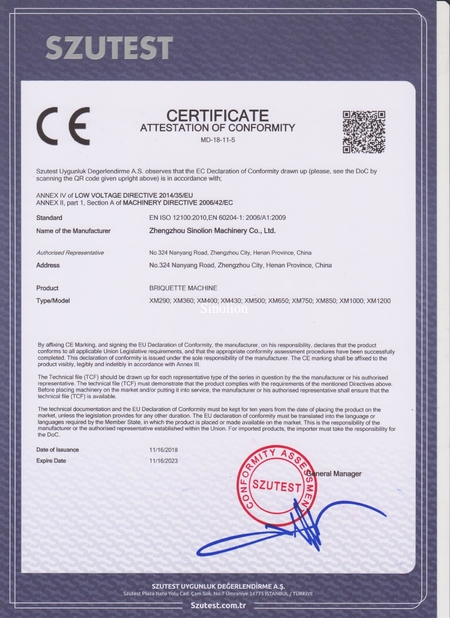 Chine Zhengzhou Sinolion Equipment Co., Ltd certifications